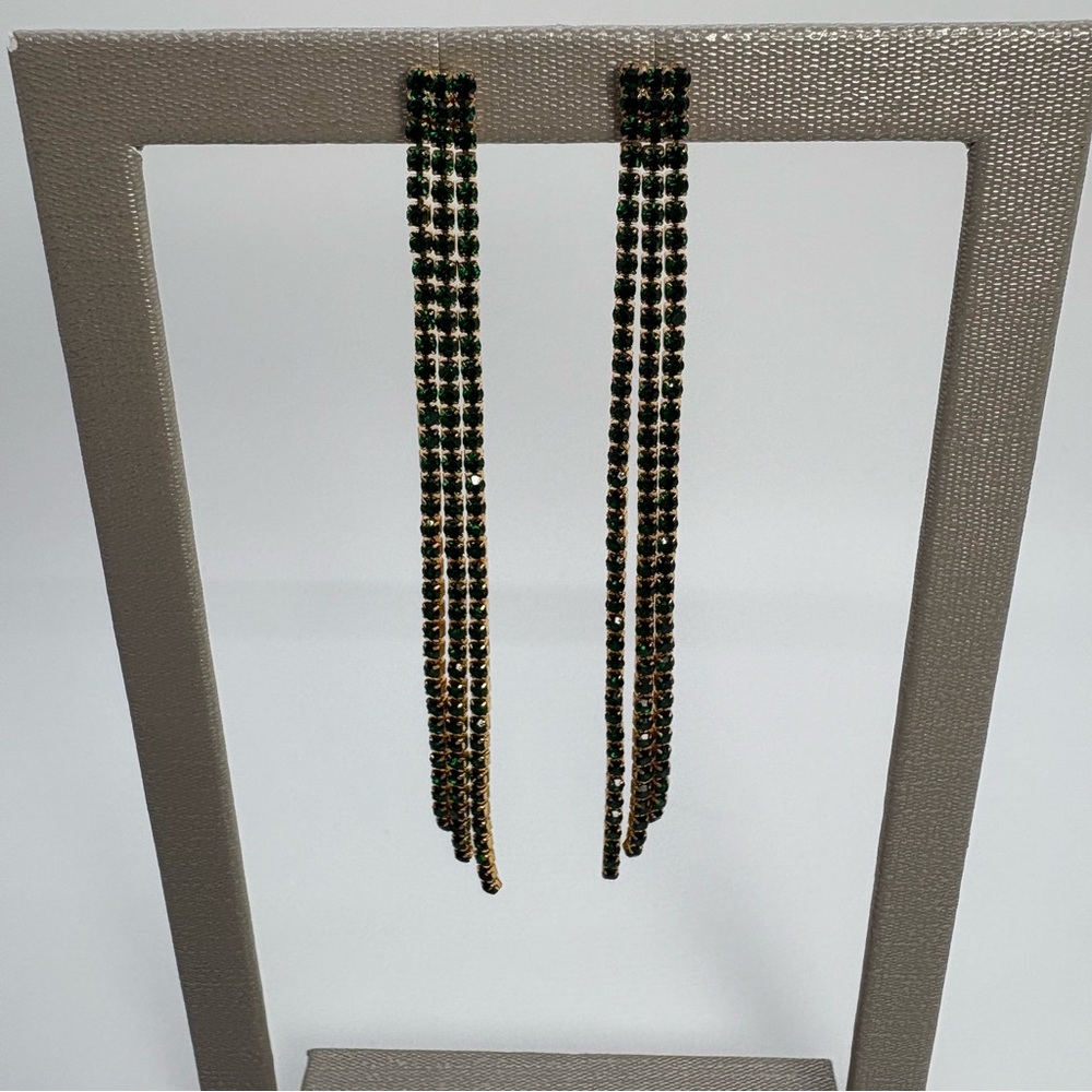 Long 3 Row Emerald Green Crystal Rhinestone Dangle Fringe Earrings in Gold